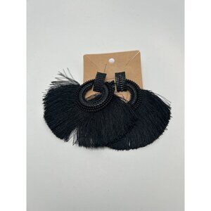 Black Beaded Hoop Tassel Earrings‎ Women’s Boho Fringe Statement Jewelry